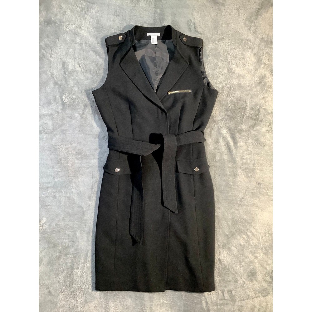 H&M Sleeveless Blazer Dress Black Belted Military Utility Trench Mini US 10